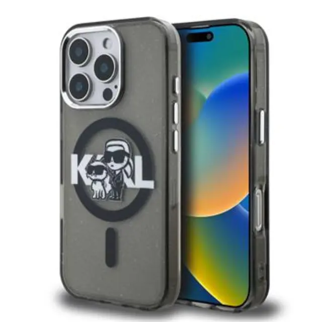 Karl Lagerfeld IML Glitter Karl and Choupette Sketch MagSafe Case for iPhone 16 Pro Black
