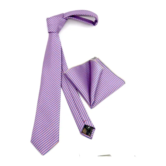 Λιλά Γραβάτα με Λεπτή Ρίγα Microfiber Σετ με Μαντήλι 6,5 cm 3