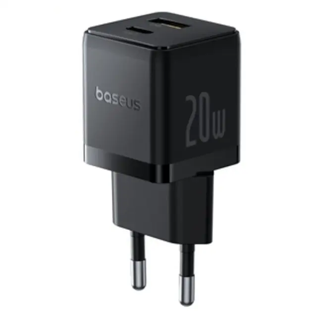 Wall Fast Charger Palm, 20W, USB + USB-C, QC3.0, PD3.0, with 1m USB-C Cable, Black