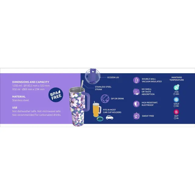 Quokka Handled Tumbler Θερμός Γυάλινο / Ανοξείδωτο BPA Free 950ml Dusk με Λαβή και Καλαμάκι-40032 3