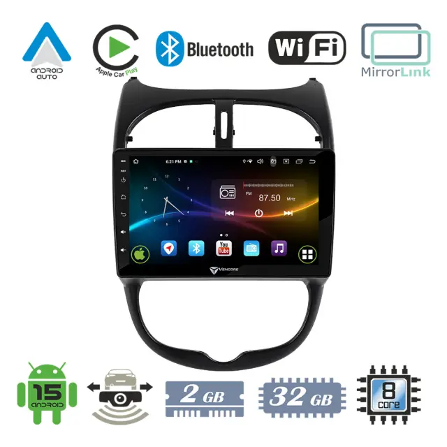 VenCore Οθόνη Multimedia Android 15 9" 9109A MTK6762 Octa-Core 2GB/32GB IPS με Πρόσοψη, CarPlay, Android Auto και Υποστήριξη Κάμερας Οπισθοπορείας AHD για Peugeot 206 1998-2006 – Μαύρη (3236-10007-0540B)