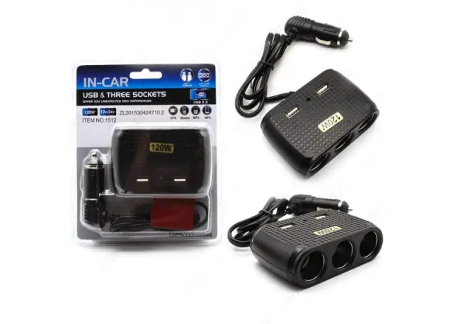 Πολύμπριζο αυτοκινήτου με 3 εξόδους και USB 12/24V 120W 1512-OEM 2