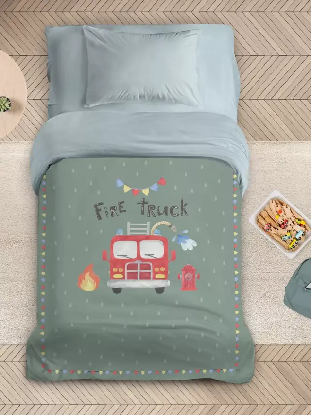 Πάπλωμα 160x240 Μονό 470gsm Nima Fire Truck Πράσινο 100% Microfiber