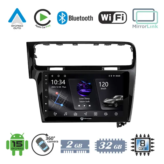 VenCore Οθόνη Multimedia Android 15 10" PX5S Octa-Core 2GB/32GB IPS με Πρόσοψη, CarPlay, Android Auto και Υποστήριξη Κάμερας 360° για Volkswagen Golf 7 2013-2021 – Μαύρη (3236-10006-0003B)