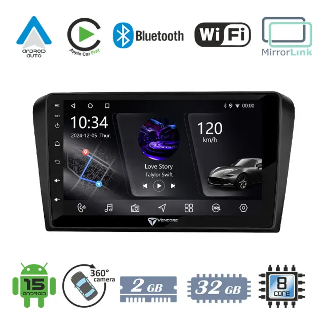 VenCore Οθόνη Multimedia Android 15 9" PX5S Octa-Core 2GB/32GB IPS με Πρόσοψη, CarPlay, Android Auto και Υποστήριξη Κάμερας 360° για Mazda 3 2004-2009 – Μαύρη (3236-10005-0245B)