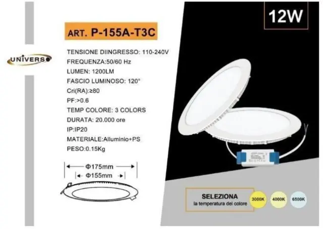 UNIVERSO LED PANEL Οροφής P155A-T3C 12W 3000K-6500K Λευκό Χρώμα