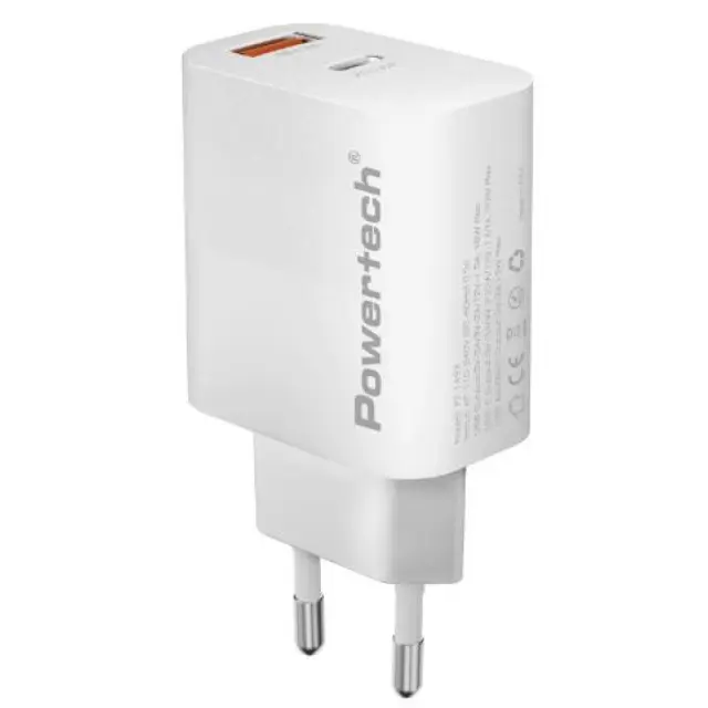 Φορτιστής πρίζας τοίχου Powertech PT-1493 1x USB-C 1x USB-A 20w white