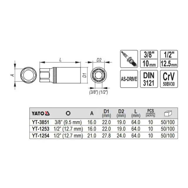 Yato Καρυδάκι Για Μπουζί 1/2" 16mm YT-1253 2