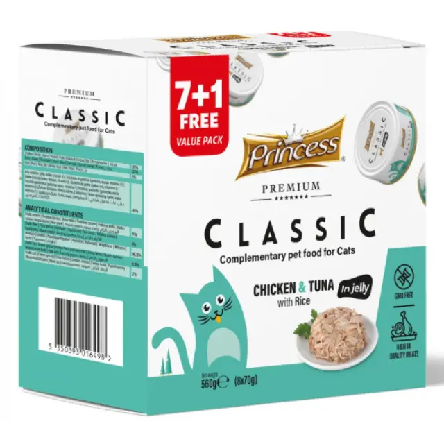 Princess Premium Classic Κονσέρβα Γάτας με Τόνο, Κοτόπουλο & Ρύζι 70gr (7 + 1 Δώρο)