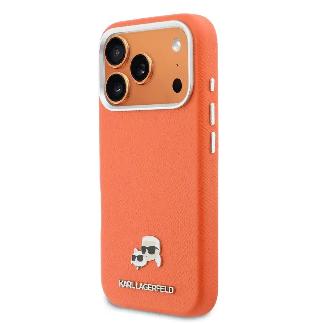 Karl Lagerfeld PU Karl and Choupette Heads Pins MagSafe Case for iPhone 17 Pro Orange 2
