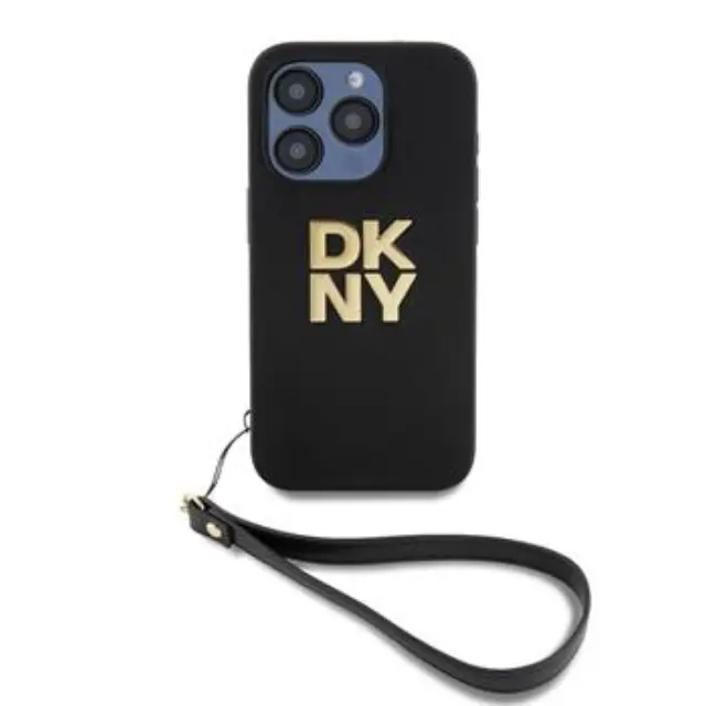DKNY PU Leather Stack Logo Wrist Strap Case for iPhone 15 Pro Max Black