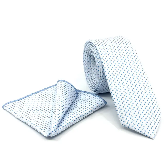 Λευκή Σιέλ Γραβάτα Microfiber Μικροσχέδιο Σετ με Μαντηλάκι 7,5 cm Modern Fit