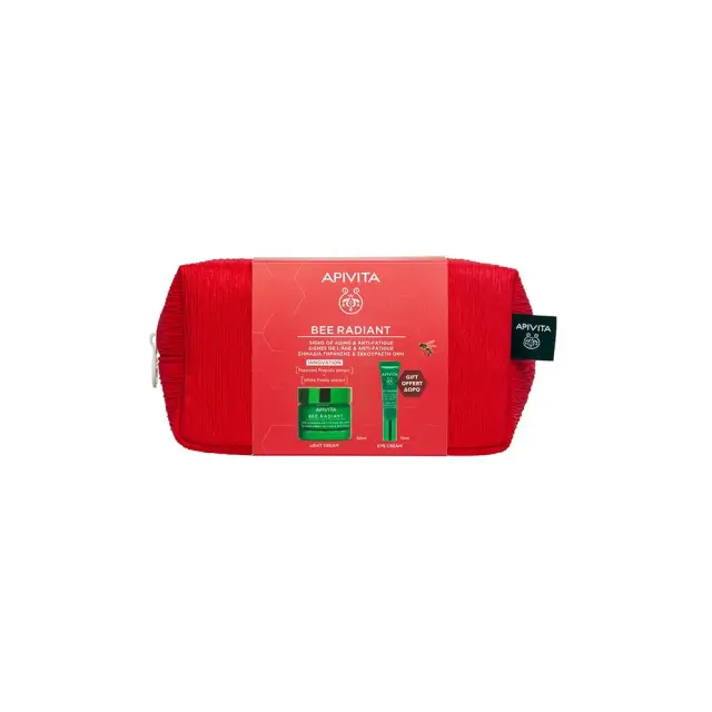 Apivita Bee Radiant Promo Pack με Κρέμα Ελαφριάς Υφής για Σημάδια Γήρανσης & Ξεκούραστη Όψη, 50ml & Δώρο Κρέμα Ματιών για Σημάδια Γήρανσης & Ξεκούραστη Όψη, 15ml & Νεσεσέρ, 1τεμ, 1σετ