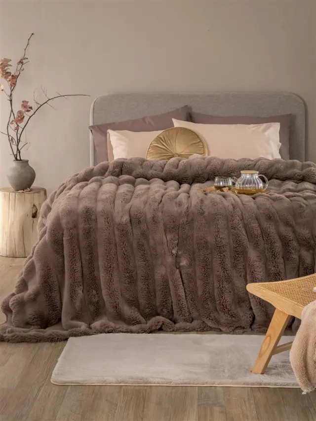 Κουβέρτα Γούνινη 160x220 Ημίδιπλη 650gsm Heather Palamaiki 2 Brown Ecological Rabbit Fur
