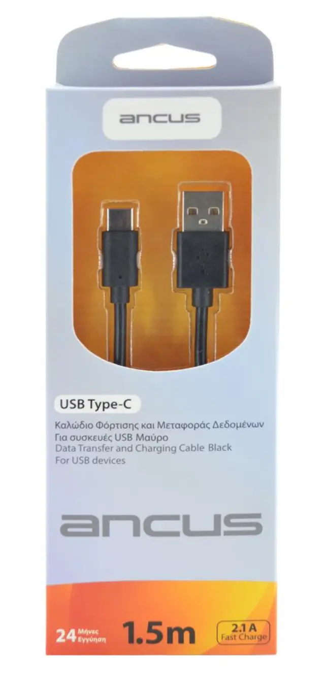 Καλώδιο σύνδεσης Ancus USB-C 2.1A Μαύρο 1.5m