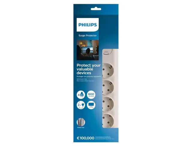 Πολύπριζο Ασφαλείας Philips SPN7041WA/GRS - 4x Schuko - Με Διακόπτη On/Off - Προστασία Υπέρτασης - Παιδική Ασφάλεια - Καλώδιο 2m - ΛευκόSPN7041WA/GRS 2