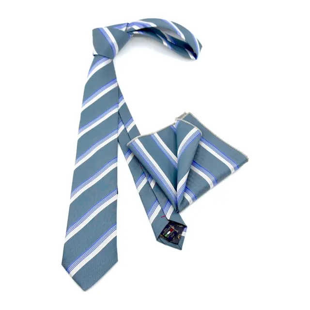 Πετρόλ–Μπλε Ριγέ Γραβάτα Microfiber Σετ με Μαντήλι 6,5 cm 3