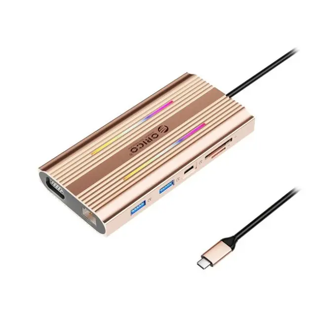 Orico Docking Station XDR 12in1 RGB USB-A USB-C PD 100W 2x HDMI 4K60Hz VGA RJ45 Gigabit SD / microSD Card Reader Rose Gold