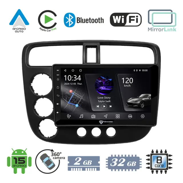 VenCore Οθόνη Multimedia Android 15 9" PX5S Octa-Core 2GB/32GB IPS με Πρόσοψη, CarPlay, Android Auto και Υποστήριξη Κάμερας 360° για Honda Civic 2001-2005 – Μαύρη (3236-10005-0445B)