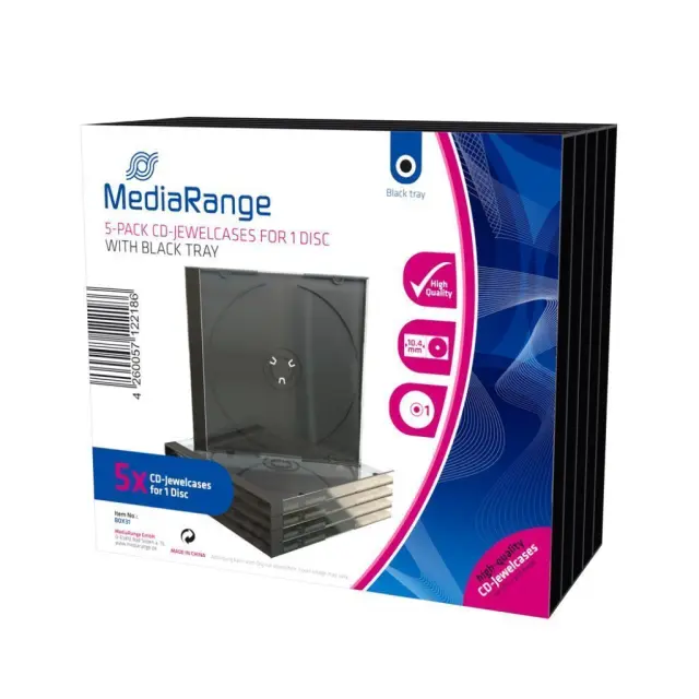 MediaRange CD Jewelcase for 1 Disc 10.4mm Black Tray (5 Pack) (MRBOX31)