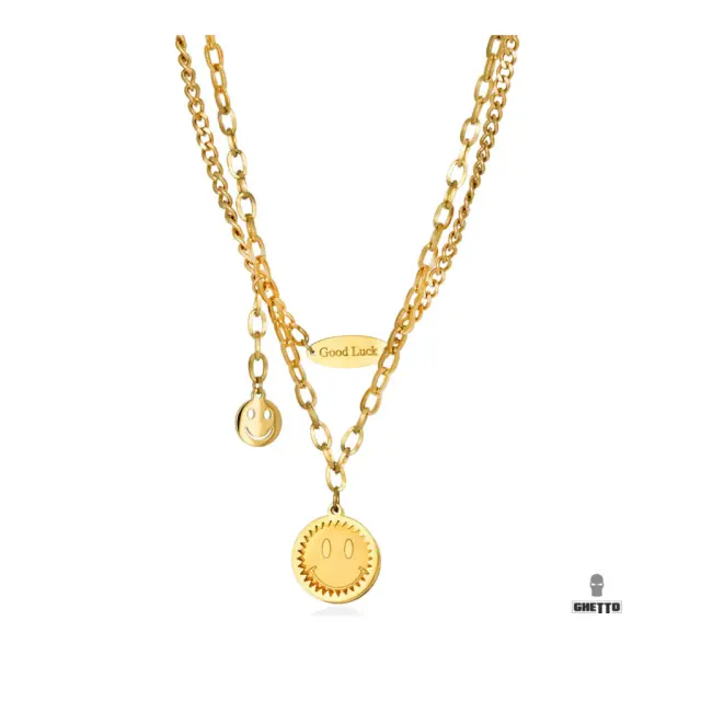 Ghetto Smile Circle Pendants Double Layer Necklace SS Gold
