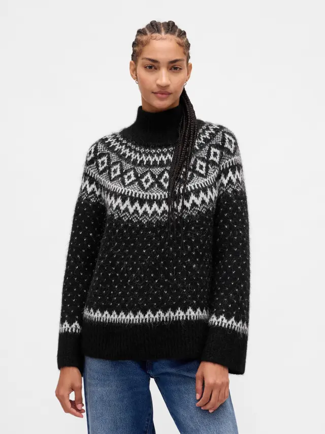 Fuzzy Oversized Turtleneck Πουλόβερ Black fair isle