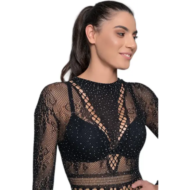 Milena Γυναικείο Δαντελένιο Κορμάκι με Strass & Cut-Out Λεπτομέρειες, Χρώμα Μαύρο - ONESIZE