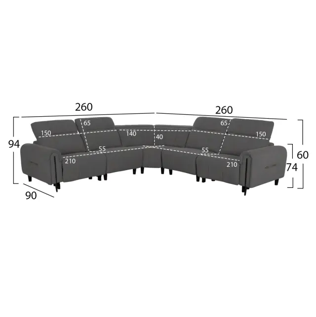 ΓΩΝΙΑΚΟΣ ΚΑΝΑΠΕΣ ΜΕ RECLINE ORACLE ΓΚΡΙ ΥΦΑΣΜΑ 260x260x90(κάθισμα)x94 εκ. 3