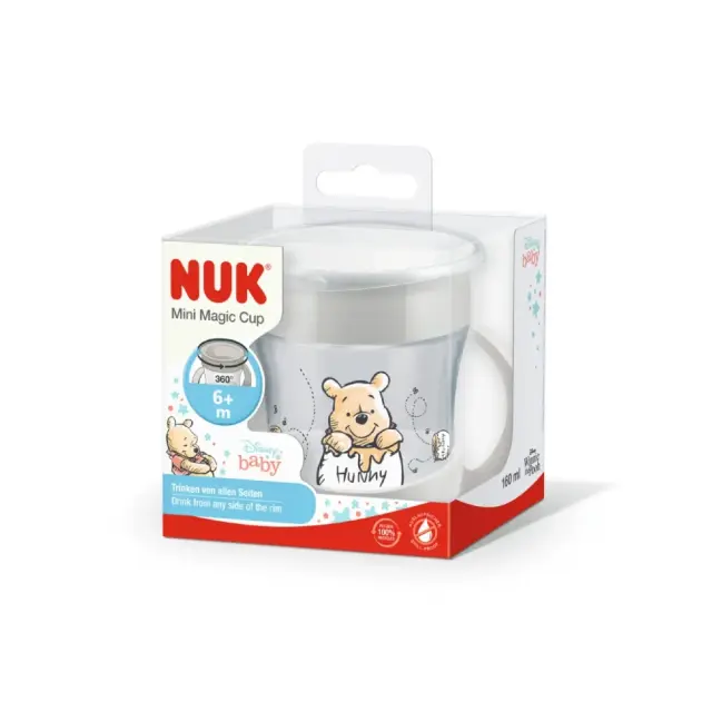 Nuk Mini Magic Cup Disney Winnie The Pooh, Παιδικό Πλαστικό Ποτηράκι με Χείλος και Καπάκι 6m+, (102.55.658) Γκρι, 160ml