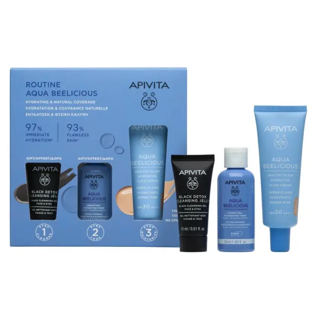Apivita Promo Αqua Beelicious Ενυδάτωση & Φυσική Κάλυψη με Αqua Beelicious Ενυδατική Κρέμα με Χρώμα Ελαφριάς Υφής SPF 30 & Δώρο Αqua Beelicious Ενυδατικό Τόνερ, 50ml & Black Dettox Gel Καθαρισμού, 15ml, 1σετ