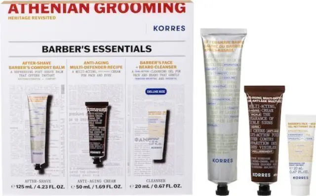Korres Barber's Essentials με After-Shave, 125ml & Αντιγηραντική Κρέμα 50ml & Cleanser Καθαριστικό 20ml, 1 σετ για Άνδρες