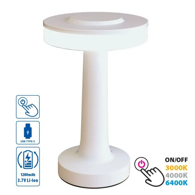 LED Φωτιστικό Επαναφορτιζόμενο Touch+USB Type C Λευκό 2Watt JULIE CCT IP54 VIV005139 3