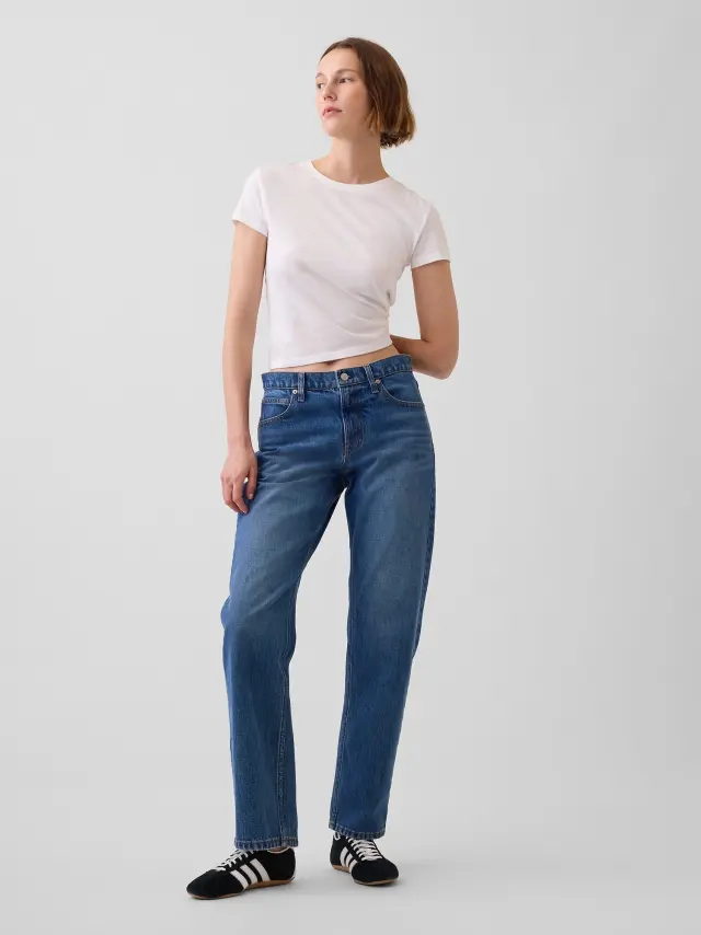 Γυναικείο Mid Rise Τζιν Παντελόνι Straight Taper Γραμμής Medium indigo