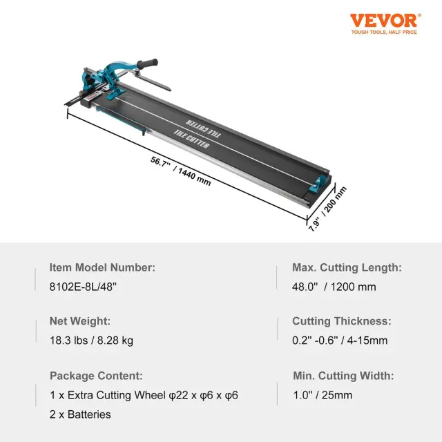Επαγγελματικός Κόφτης Πλακιδίων VEVOR 1200mm (48") με Laser & Έξτρα Ροδέλα Κοπής 3