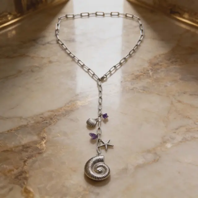 Silver Chain Necklace with Ocean Charms & Purple Accents