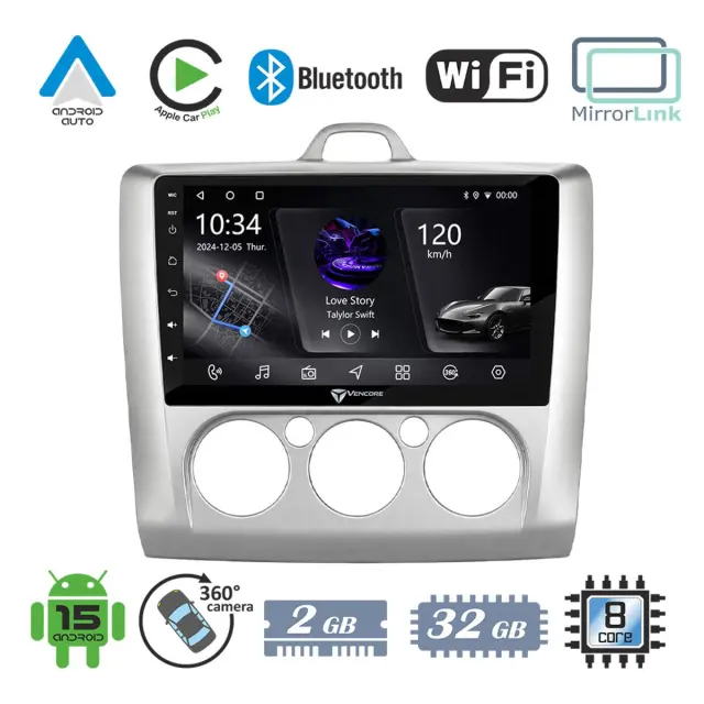 VenCore Οθόνη Multimedia Android 15 9" PX5S Octa-Core 2GB/32GB IPS με Πρόσοψη, CarPlay, Android Auto και Υποστήριξη Κάμερας 360° για Ford Focus Manual A/C 2004-2015 – Ασημί (3236-10005-0041SM)