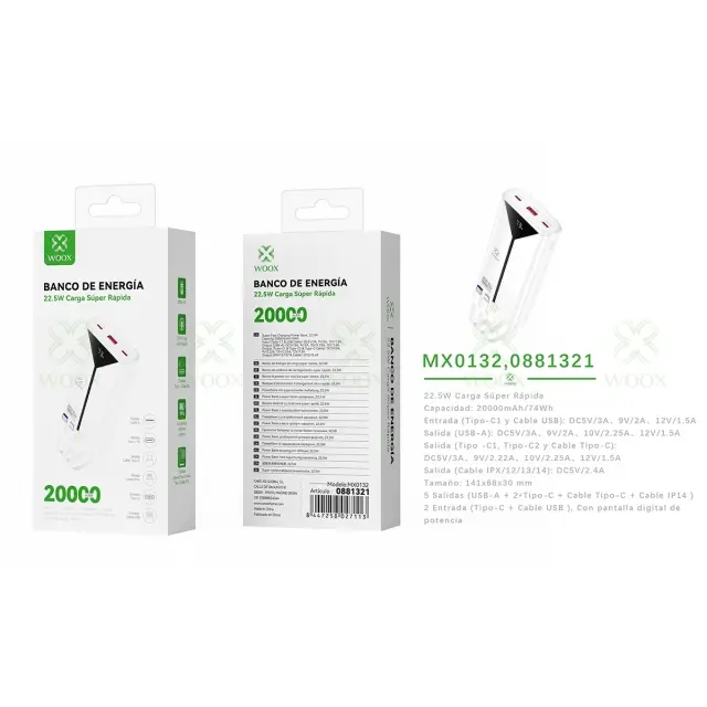 Woox Power Bank 20000mAh 22.5W με Ενσωματωμένα Καλώδια Lightning/USB-A/Type-C και 2 Θύρες Type-C - 1 Θύρα USB-A WOOX MX0132 Λευκό