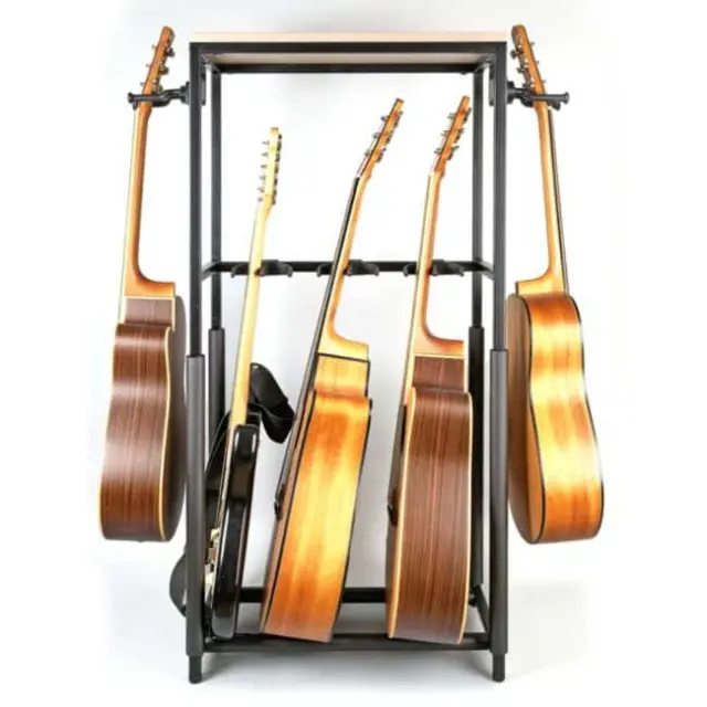 DNA GBOX guitar stand rack for up to 5 guitars floor-standing steel black accessory shelf 3 dividers 2 side holders with gravity-activated arm lock 120 cm up to 60 kg set