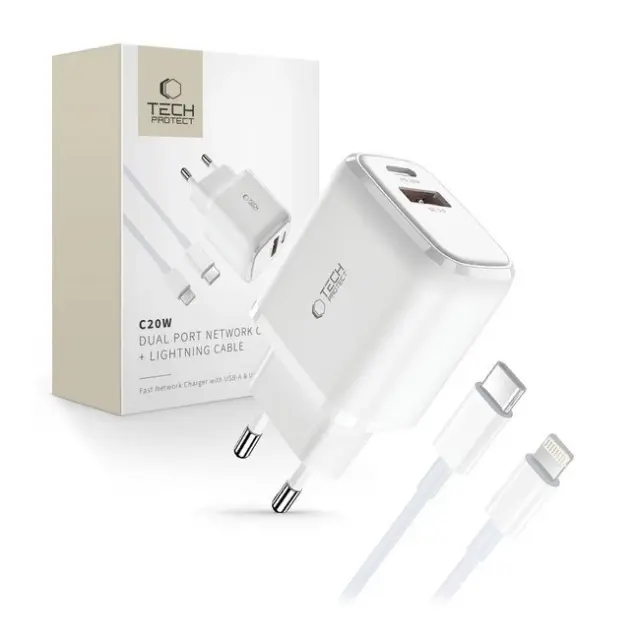 Tech-Protect Ασύρματος Φορτιστής C20W USB-C PD 20W / USB-A QC 3.0 with USB-C το Lightning Cable White