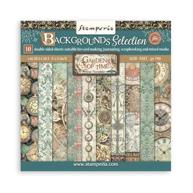Χαρτιά scrapbooking 10τεμ, 20.3×20.3cm Stamperia, Gardens of Time, Backgrounds