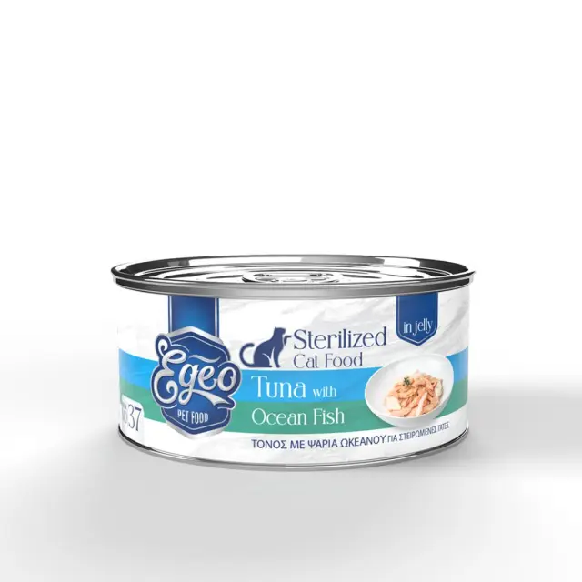 Υγρή Τροφή Γάτας Egeo Cat Adult Sterilized Φιλέτο Τόνου Με Ψάρια Του Ωκεανού Σε Ζελέ 85gr
