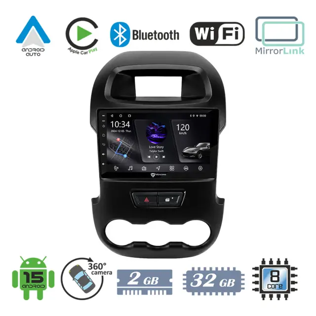 VenCore Οθόνη Multimedia Android 15 9" PX5S Octa-Core 2GB/32GB IPS με Πρόσοψη, CarPlay, Android Auto και Υποστήριξη Κάμερας 360° για Ford Ranger 2012-2016 – Μαύρη (3236-10005-0591B)