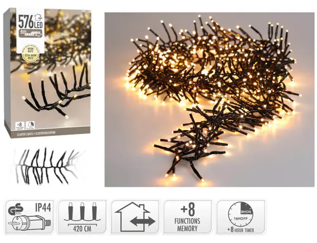 576 Φωτάκια LED - 4 Μέτρα + 3 Μέτρα σύνδεσης , Πυκνή Διάταξη, με χειριστήριο, 8 προγράμματα, Μαύρο καλώδιο PVC - Θερμό λευκό AX8550620