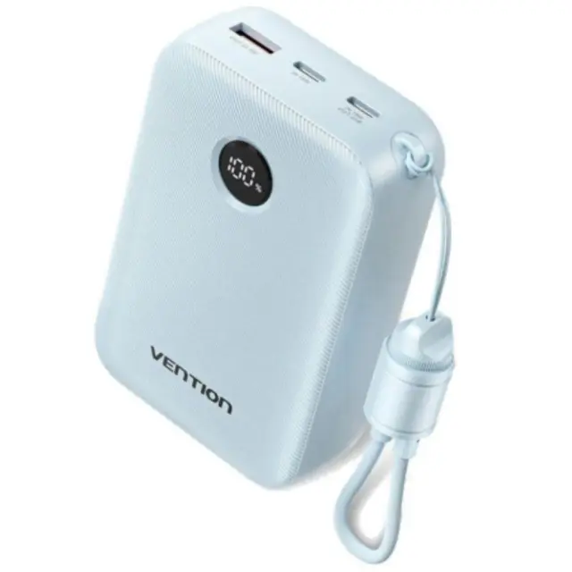 VENTION 20000mAh Power Bank (USB-C + USB-C/USB-C/USB-A) with Built-in USB-C to USB-C Cable 22.5W Blue LED Display Type (FKBL0-C) (VENFKBL0-C)