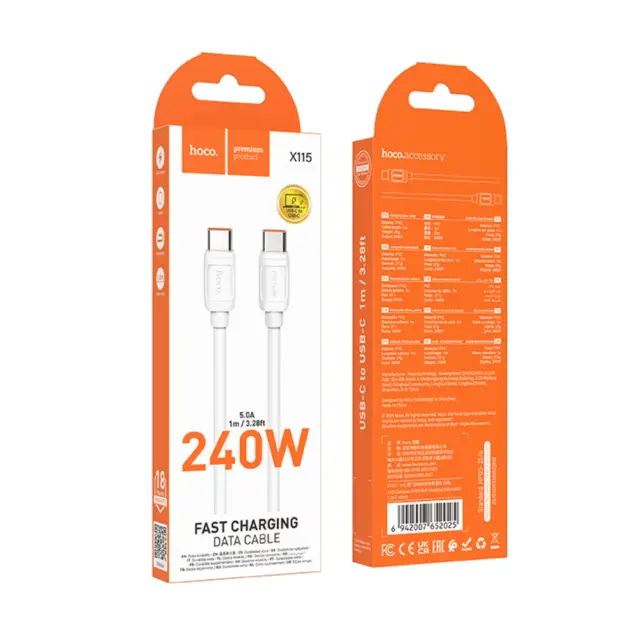 Καλώδιο Hoco X115 Surpass USB-C σε USB-C PD240W 5A Fast Charging Λευκό 1m 2