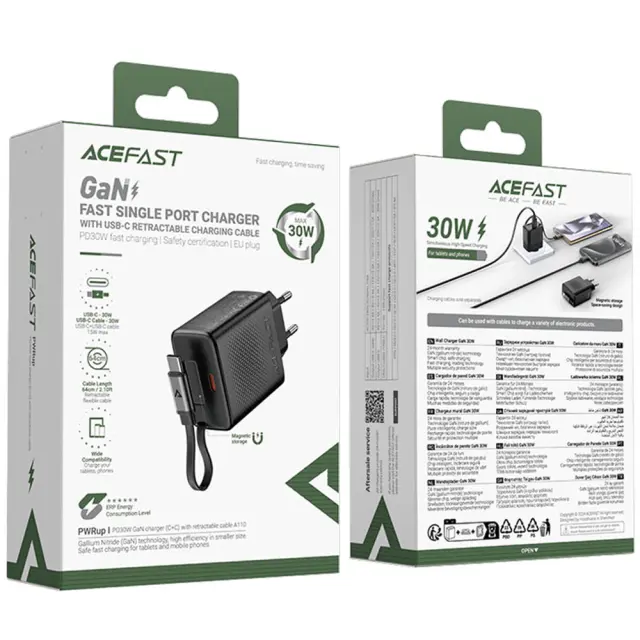 Φορτιστής Ταξιδίου Acefast A110 Fast Charging USB-C PD30W QC3.0 GaN και Αναδιπλούμενο Καλώδιο USB-C 0.64m Μαύρος 2