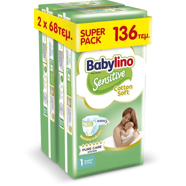 Babylino Πάνες με Αυτοκόλλητο Sensitive Cotton Soft Monthly Pack No. 1 για 2-5kg 136τμχ