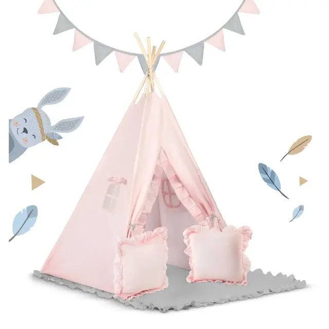 Nukido Παιδική σκηνή Teepee σε ανοιχτό ροζ χρώμα με μεγάλο χαλάκι 116x116x165cm 3