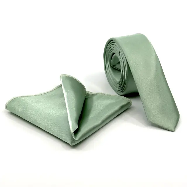 Φυστικί Γραβάτα Σατέν Glossy Slim 4,5 cm με Ασορτί Μαντήλι 2
