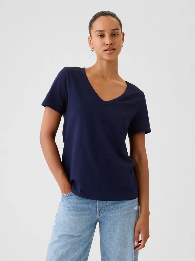 Μπλε Vintage V-Neck Μπλούζα από Οργανικό Βαμβάκι Deep navy blue - S